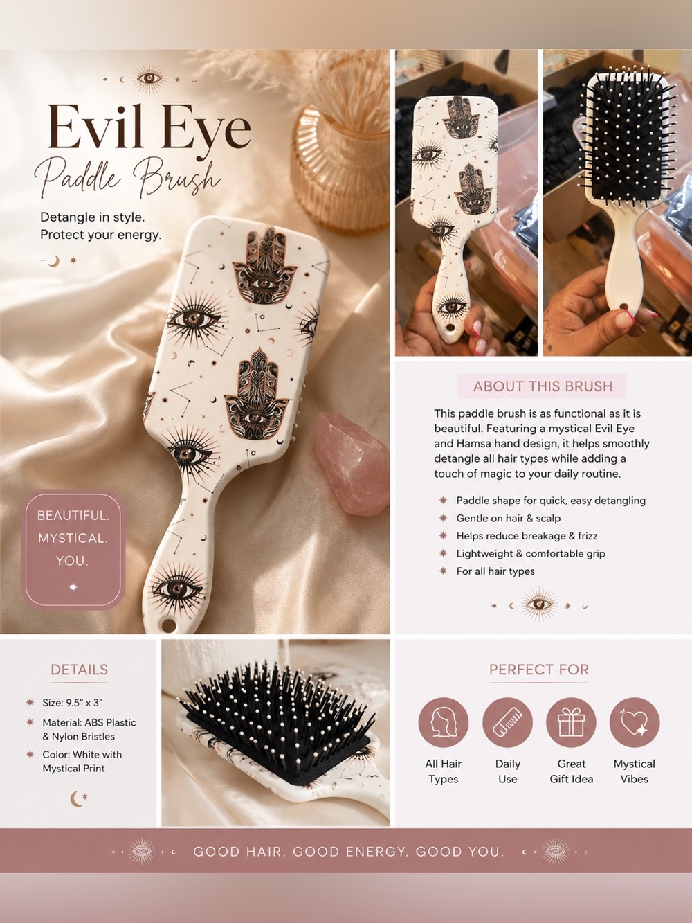 🪬Evil Eye Paddle Brush - White with Black Mystic Print🪬